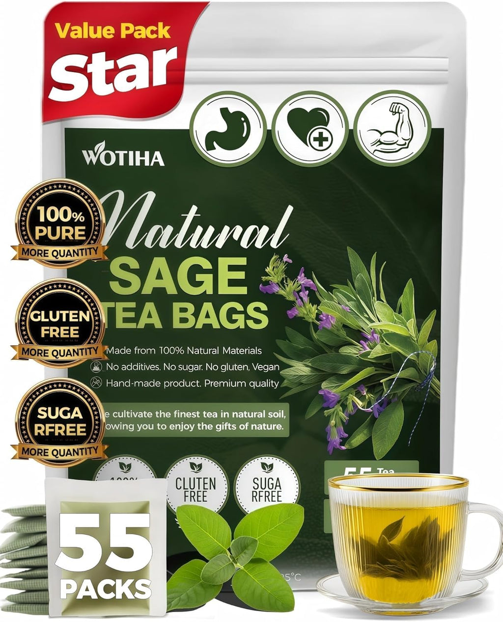 Natural Sage tea 110g.100% natural sage leaves Herbal tea.te de salvia tea bags Additive-Free • Caffeine-Free • Sugar-Free • Vegan