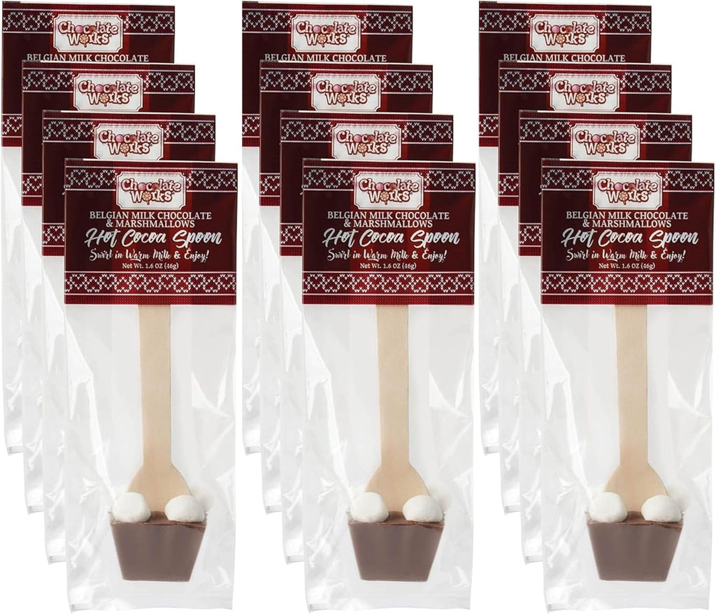 Chocolate Works Hot Chocolate Spoons – Milk Chocolate with Marshmallows – Stirring Spoons for Hot Cocoa – Individually Wrapped – Pack of 12