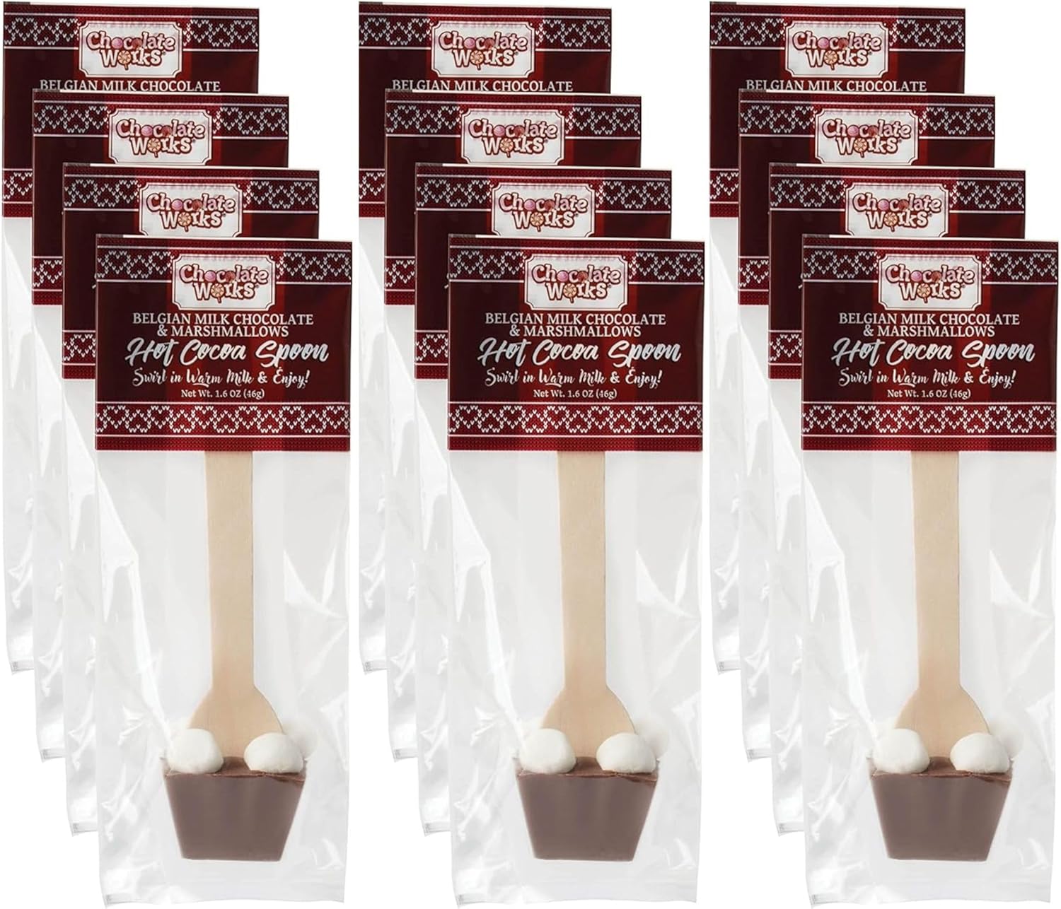 Chocolate Works Hot Chocolate Spoons – Milk Chocolate with Marshmallows – Stirring Spoons for Hot Cocoa – Individually Wrapped – Pack of 12