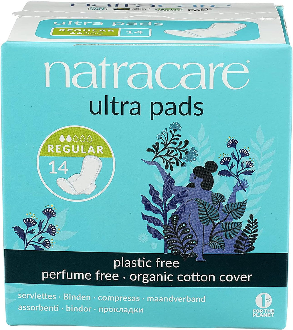 Natracare Slim Fitting Ultra Pads with Wings, Regular, Made with Certified Organic Cotton, Ecologically Certified Cellulose Pulp and Plant Starch (1 Pack, 14 Pads Total)…