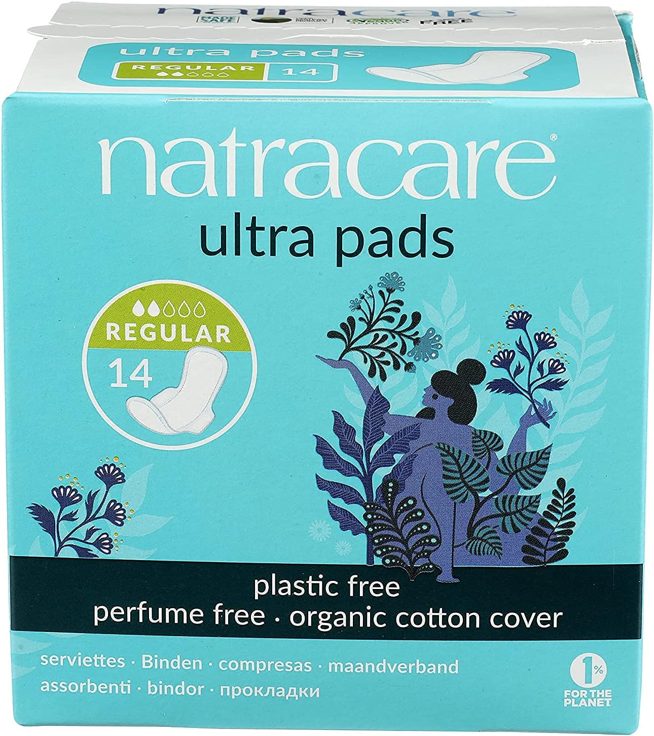 Natracare Slim Fitting Ultra Pads with Wings, Regular, Made with Certified Organic Cotton, Ecologically Certified Cellulose Pulp and Plant Starch (1 Pack, 14 Pads Total)…