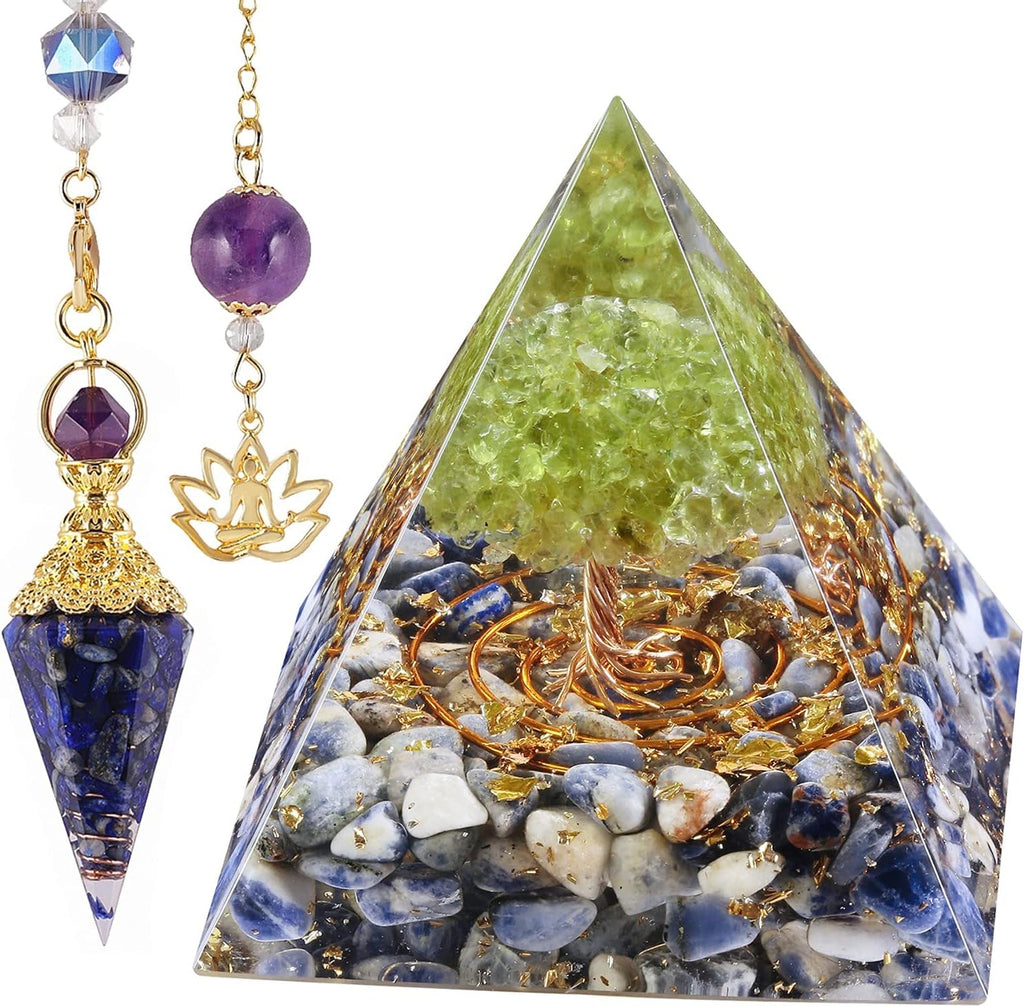 SUNYIK Orgone Pyramid & Orgone Pendulum Set, Tree of Life Orgonite Energy Generator & Orgone Crystal Points Pendulum for Divination Meditation Chakra Balancing, Sodalite & Lapis Lazuli