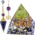 SUNYIK Orgone Pyramid & Orgone Pendulum Set, Tree of Life Orgonite Energy Generator & Orgone Crystal Points Pendulum for Divination Meditation Chakra Balancing, Sodalite & Lapis Lazuli