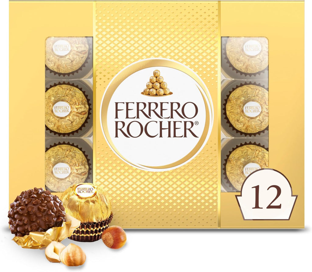 Ferrero Rocher Gourmet Hazelnut Milk Chocolate Gift Box, 12 Individually Wrapped Chocolates, 5.3 oz