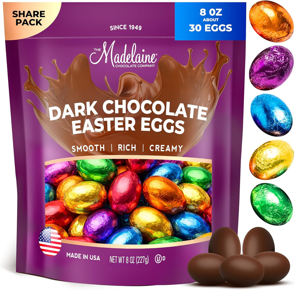 Madelaine Chocolates Easter Eggs (1/2 LB) Solid Premium Dark Chocolate Eggs Foiled In Assorted Solid Jewel-tone Colors - Traditional Easter Basket Mainstays (1/2 LB)