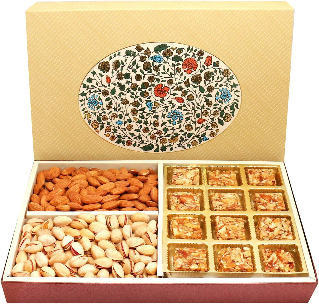 Ghasitaram Gifts Indian Sweets - Diwali Gifts Diwali Hamper Sweet Hampers - Eco 4 Part Print 12 Pcs Roasted Almond Bites,Almonds and Pistachios Hamper Box