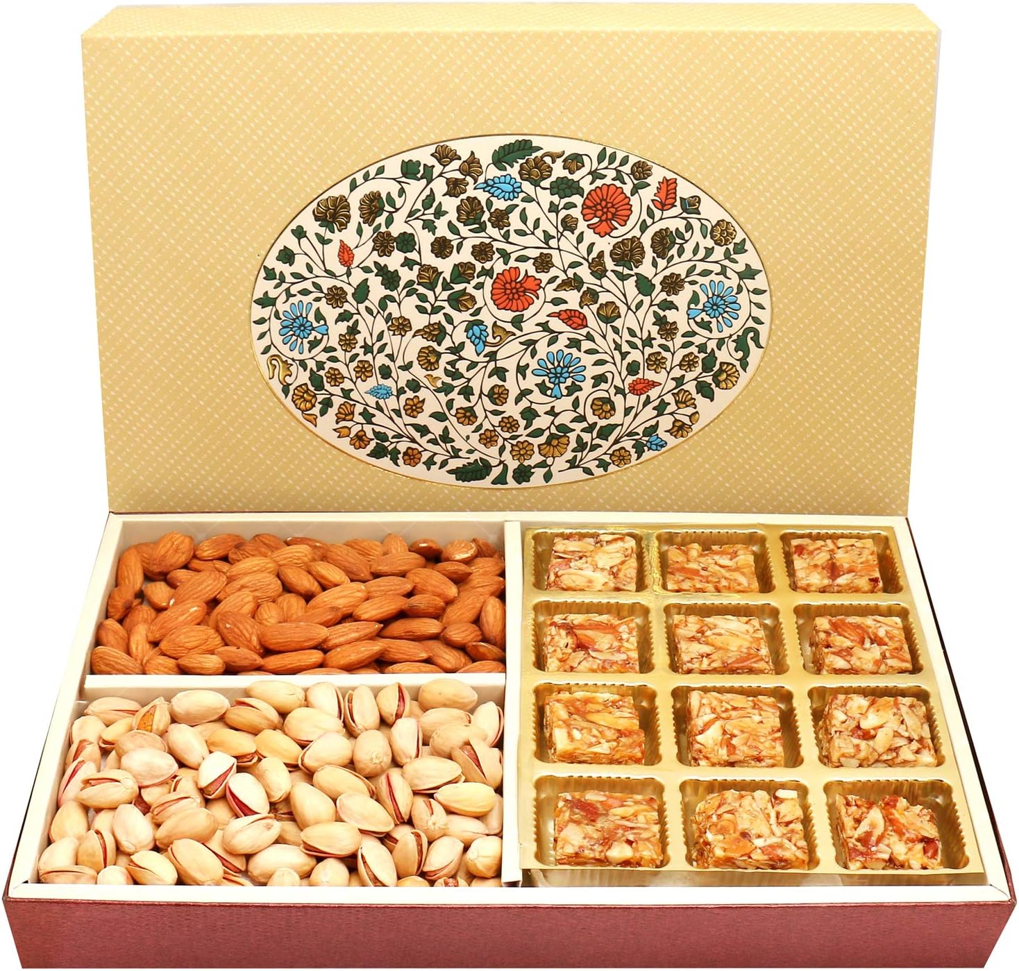 Ghasitaram Gifts Indian Sweets - Diwali Gifts Diwali Hamper Sweet Hampers - Eco 4 Part Print 12 Pcs Roasted Almond Bites,Almonds and Pistachios Hamper Box
