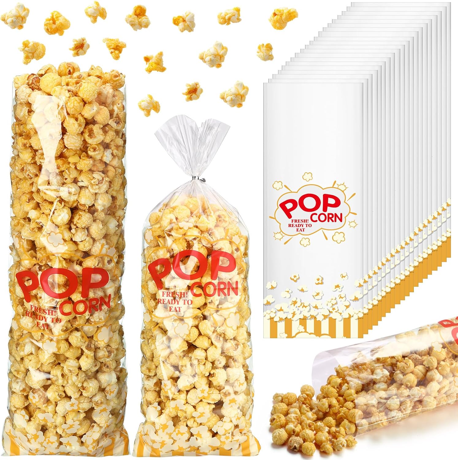 Dunzoom 500 Pcs 17 x 7 Inch Popcorn Bags Double Sided Printed Greaseproof Popcorn Treat Bags with Twist Ties Hot & Cold Safe Freezable PE Plastic for Carnival Events Party Favors Cellophane Wrap