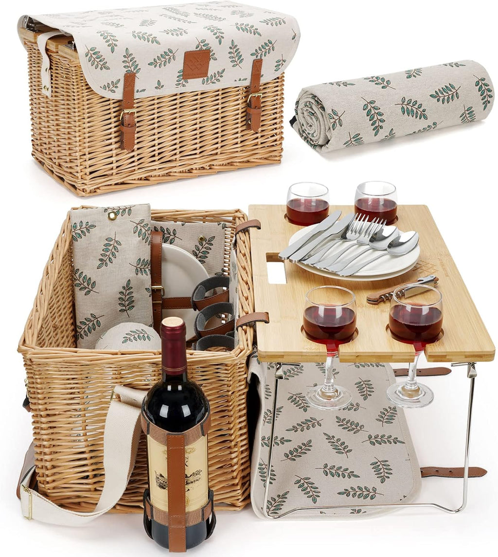 WILLOW WEAVE Picnic Basket with Table, Wine Picnic Basket Set 4, Wicker Picnic Basket for 4, Willow Hamper Service Gift Set with Blanket & Portable Wine Snack Table for Camping and Outdoor Party