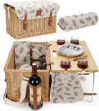 WILLOW WEAVE Picnic Basket with Table, Wine Picnic Basket Set 4, Wicker Picnic Basket for 4, Willow Hamper Service Gift Set with Blanket & Portable Wine Snack Table for Camping and Outdoor Party