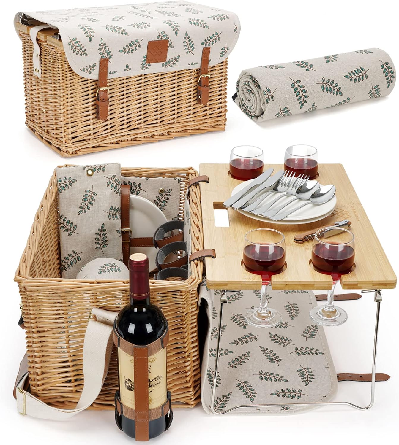 WILLOW WEAVE Picnic Basket with Table, Wine Picnic Basket Set 4, Wicker Picnic Basket for 4, Willow Hamper Service Gift Set with Blanket & Portable Wine Snack Table for Camping and Outdoor Party