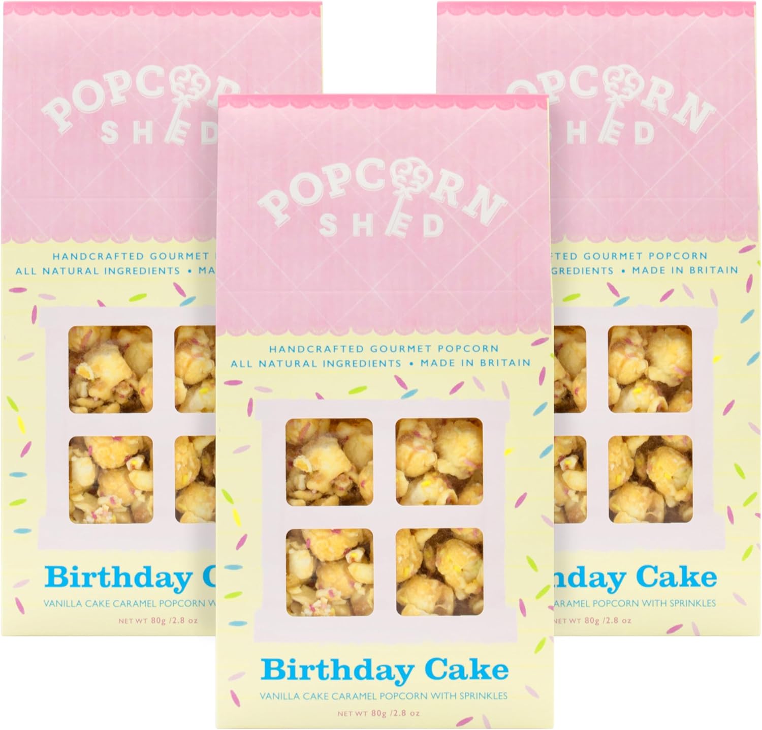 Popcorn Shed, Yellow 3 x Birthday Cake Gourmet Popcorn Sheds, Vanilla Cake Caramel Flavoured Popcorn with White Chocolate and Sprinkles 3 x 80g, Popcorn Gift