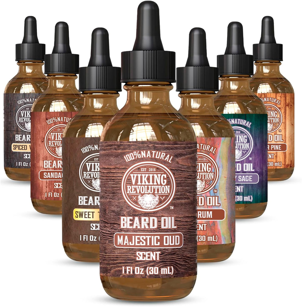 Viking Revolution Majestic Oud Beard Oil for Men - Natural Mens Beard Oil with Argan Oil and Jojoba Oil - Beard Softener, Strengthens and Moisturizes - Beard Conditioner for Men (Majestic Oud,1 Pack)