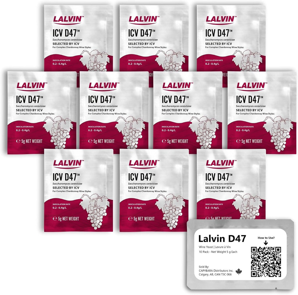 Lalvin D47 Wine Yeast (10 Pack) - Make Wine Cider Mead Kombucha At Home - 5 g Sachets - Saccharomyces cerevisiae - Sold by CAPYBARA Distributors Inc.