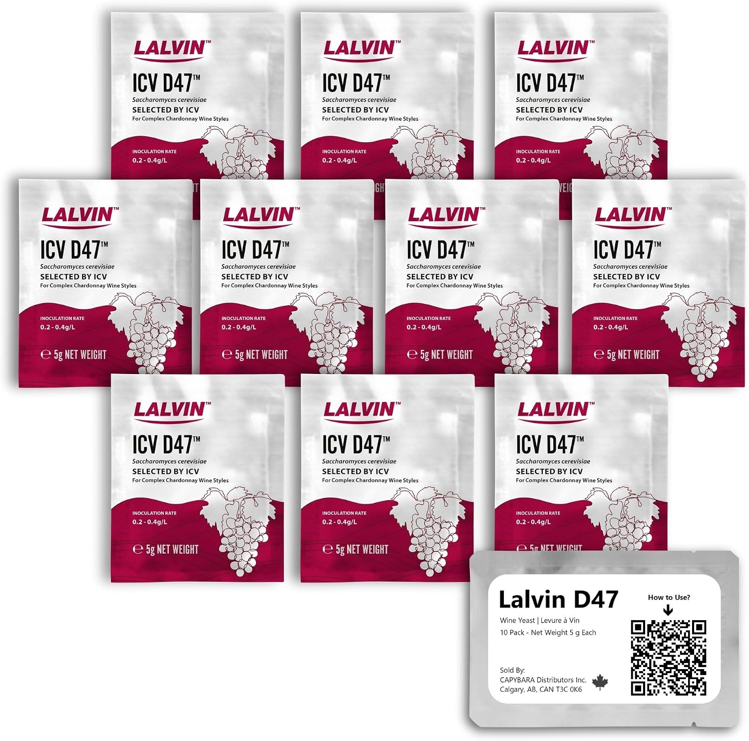 Lalvin D47 Wine Yeast (10 Pack) - Make Wine Cider Mead Kombucha At Home - 5 g Sachets - Saccharomyces cerevisiae - Sold by CAPYBARA Distributors Inc.