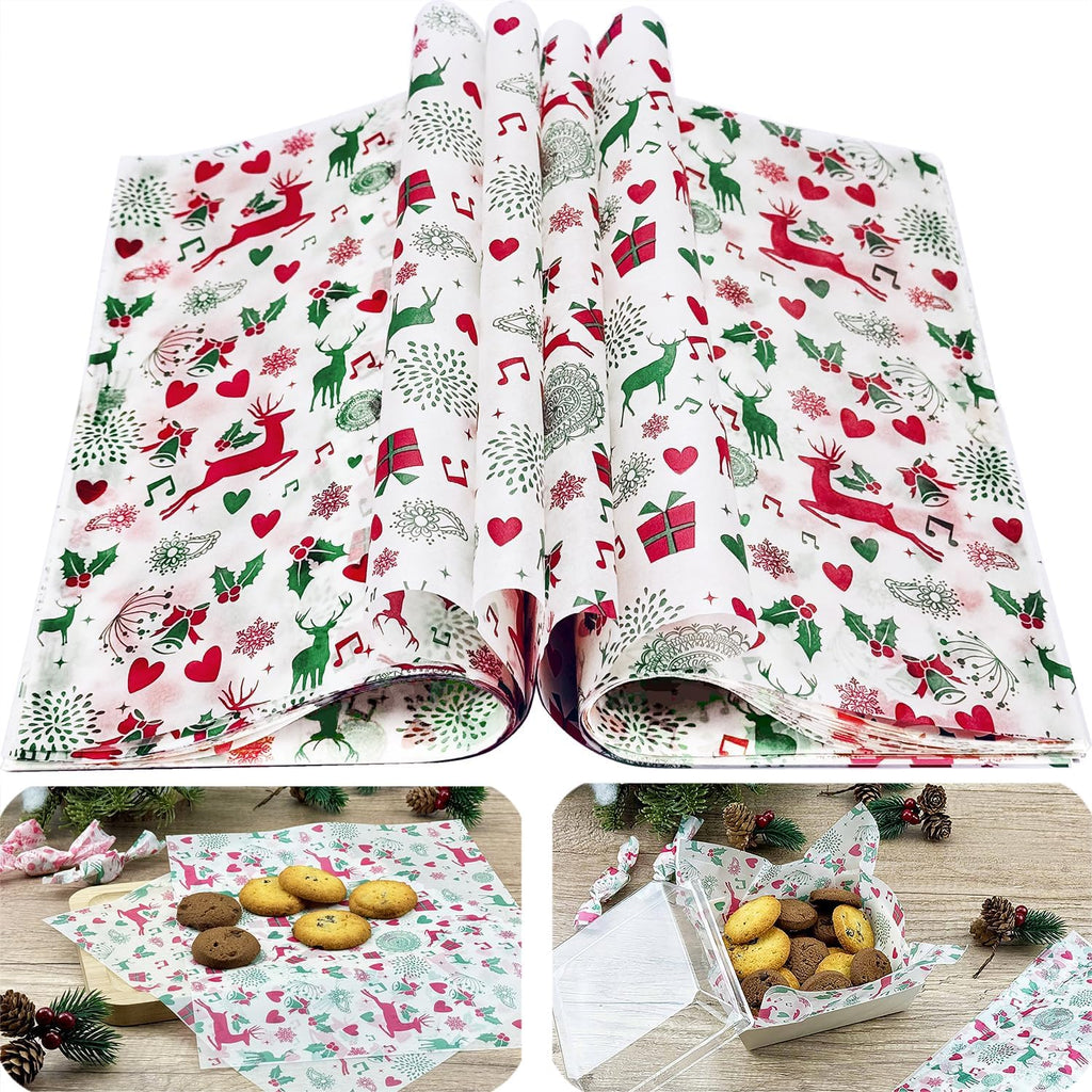 CAMKYDE 100 Pcs Christmas Wax Paper Sheets - Grease Proof for Food, Deli Paper Holiday Use (Reindeer)