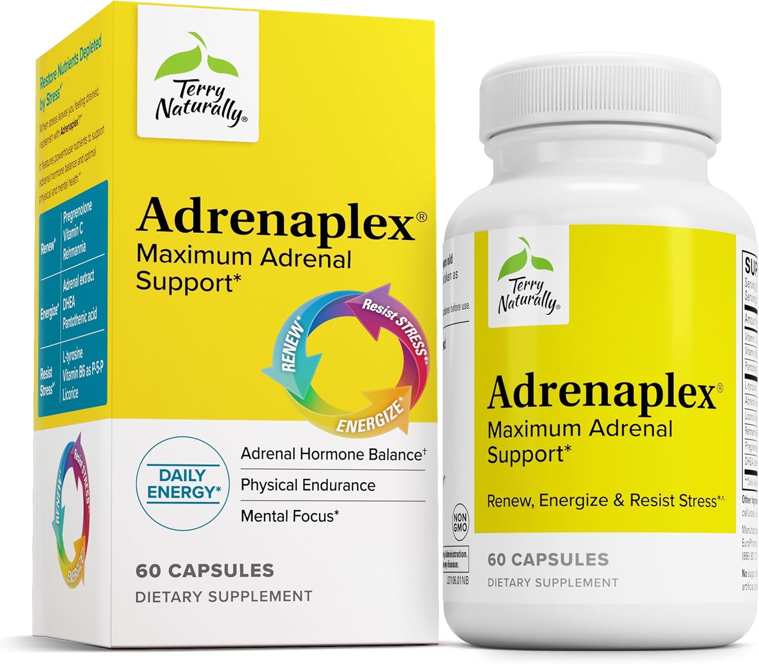 Terry Naturally Adrenaplex - Adrenal Gland Function Supplement - Glandular Support with Vitamins C & B6 - Dietary Supplement to Support Healthy Adrenal Function - 60 Capsules