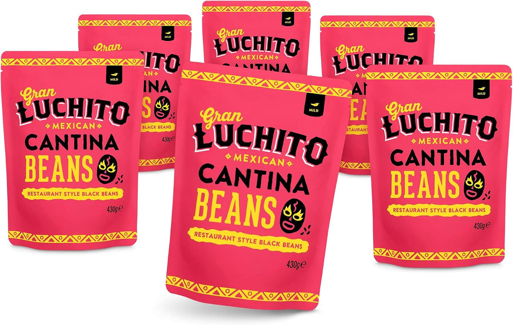 Gran Luchito Mexican Cantina Black Beans 15oz (Pack Of 6) - Vegan - Fat Free - Non GMO - Microwavable Pouch