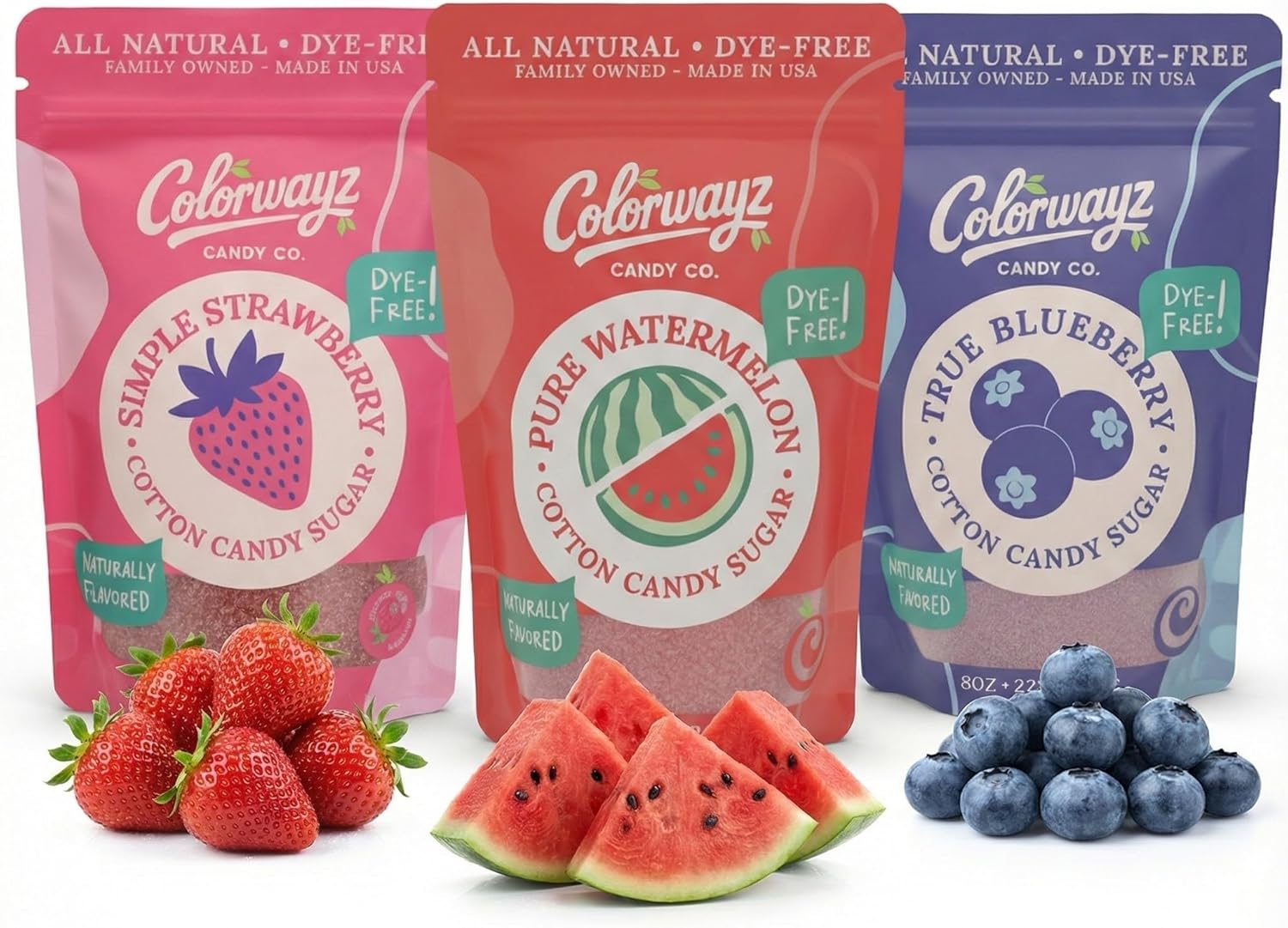 Colorwayz Dye-Free Cotton Candy Sugar – All Natural Floss Sugar for Cotton Candy Machines – Variety 3-Pack Strawberry, Blueberry & Watermelon – No Artificial Colors – 8oz Resealable Bags