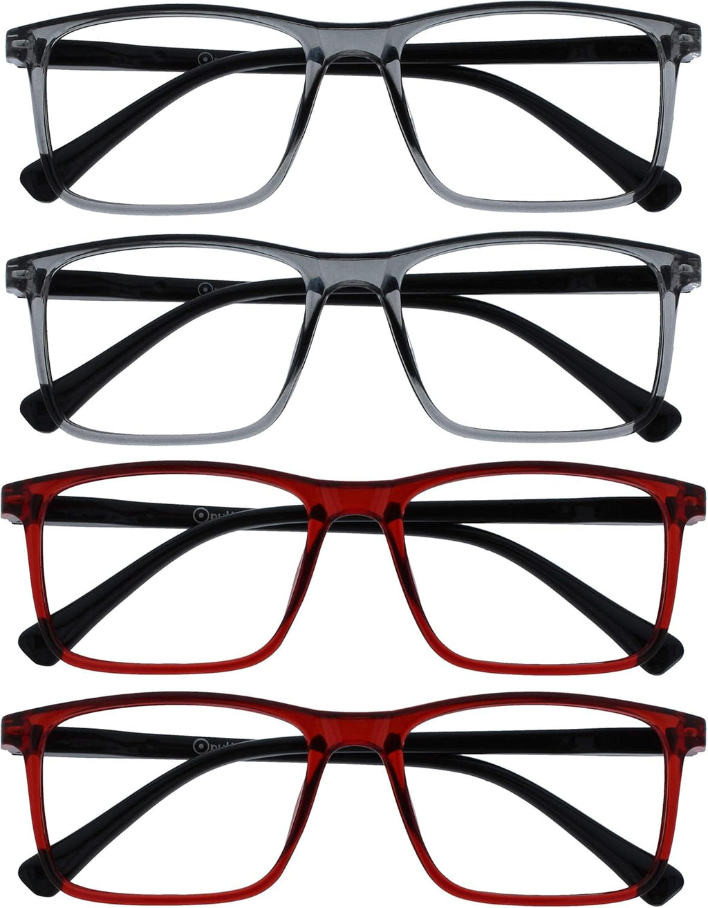 OPULIZE INK Reading Glasses - Value 4 Pack - Large Rectangular Frame - Spring Hinges - Scratch Resistant - Grey Red - Mens Womens +2.50