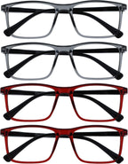OPULIZE INK Reading Glasses - Value 4 Pack - Large Rectangular Frame - Spring Hinges - Scratch Resistant - Grey Red - Mens Womens +2.50