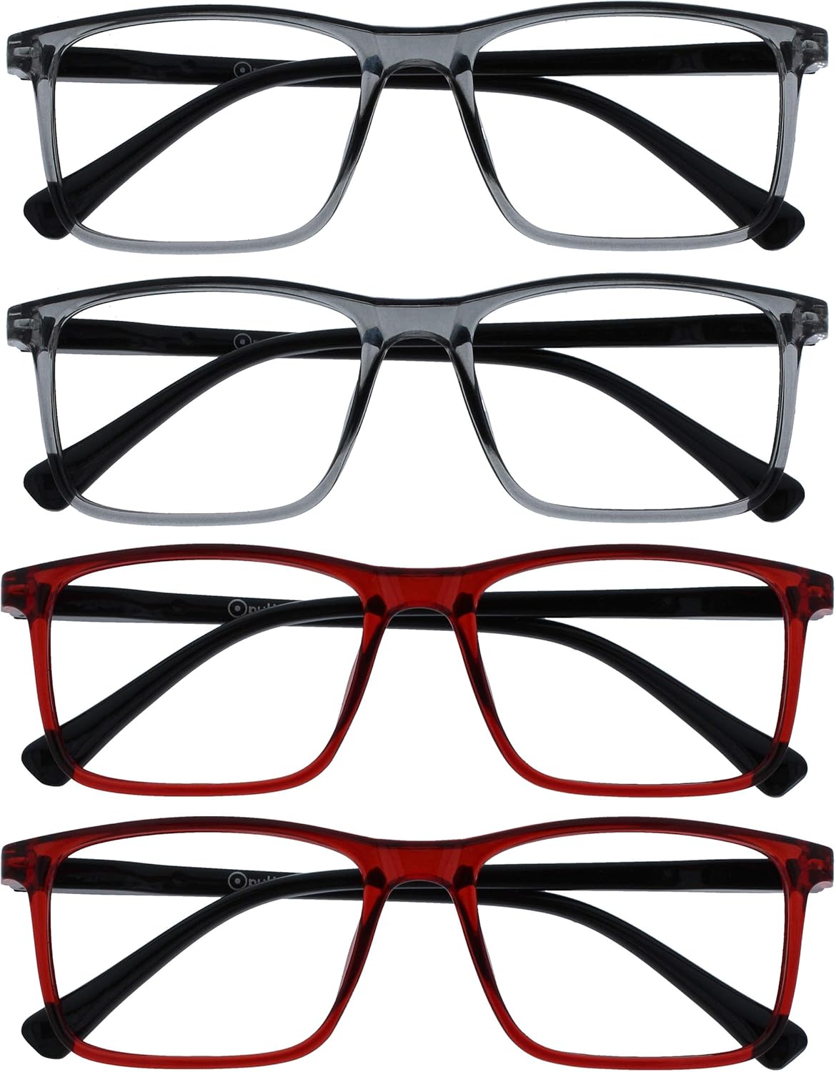 OPULIZE INK Reading Glasses - Value 4 Pack - Large Rectangular Frame - Spring Hinges - Scratch Resistant - Grey Red - Mens Womens +2.50