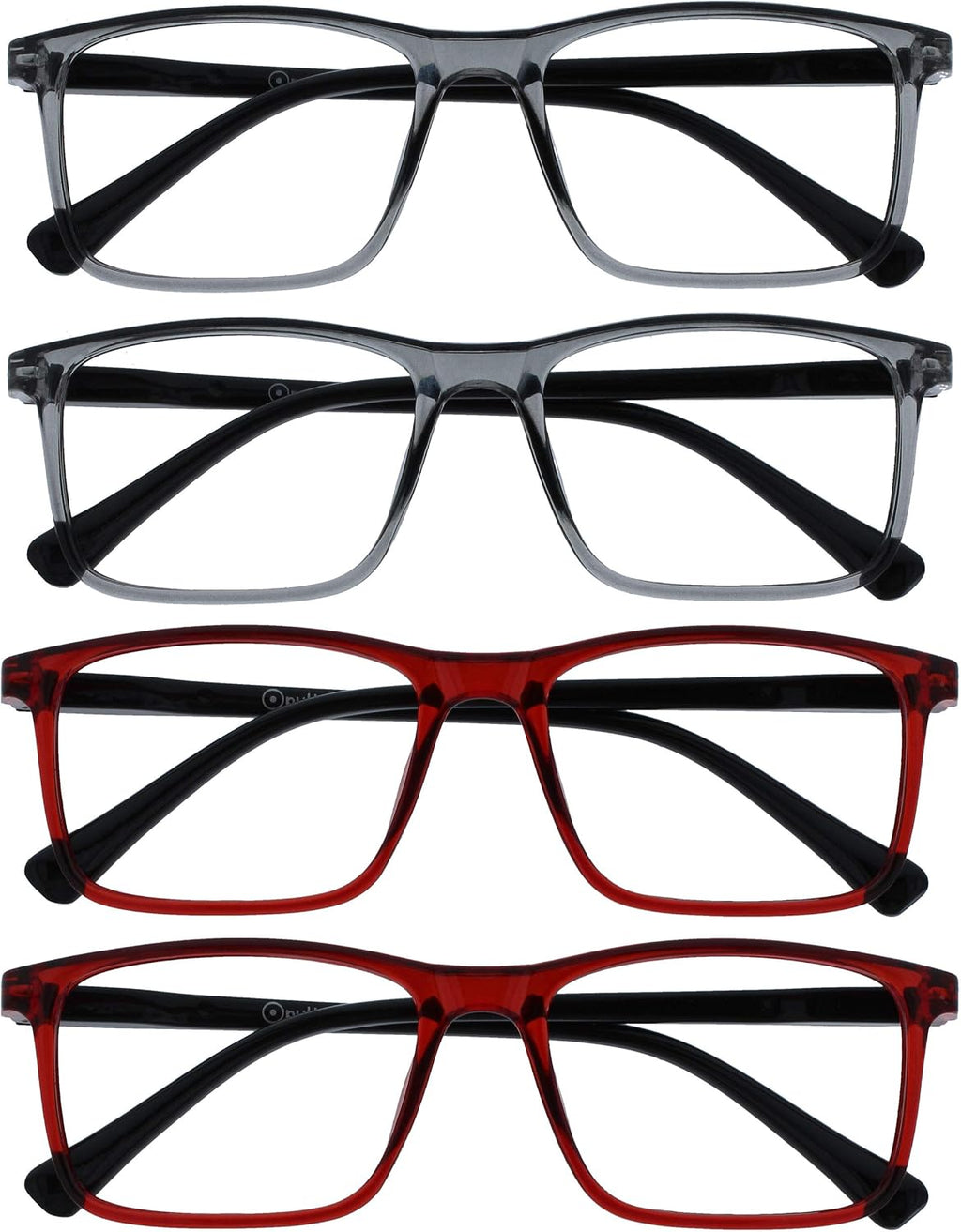 OPULIZE INK Reading Glasses - Value 4 Pack - Large Rectangular Frame - Spring Hinges - Scratch Resistant - Grey Red - Mens Womens +2.00