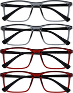 OPULIZE INK Reading Glasses - Value 4 Pack - Large Rectangular Frame - Spring Hinges - Scratch Resistant - Grey Red - Mens Womens +2.00