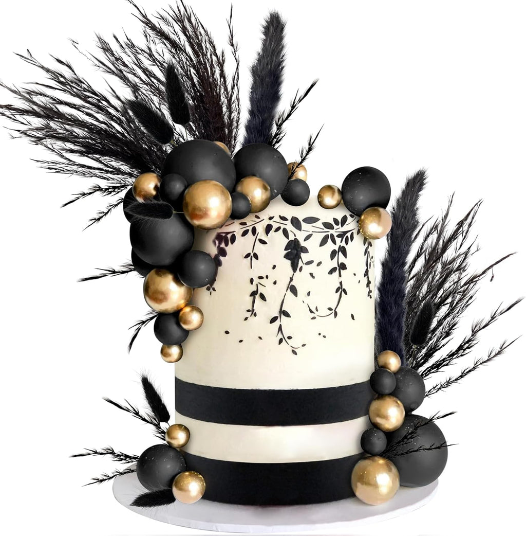 40 PCS Black Gold Cake Toppers Ball Cake Decoration Boho Bunny Tails Reed Grass Cake Decoration for Boho Wedding Birthday Baby Shower Party Cake Decoration Supplies