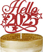 Hello 2025 Cake Topper - Winter Xmas Holiday Cake Decor, Merry Christmas, Welcome 2025 Santa Happy New Year Eve Party Decorations Supplies, Red Glitter