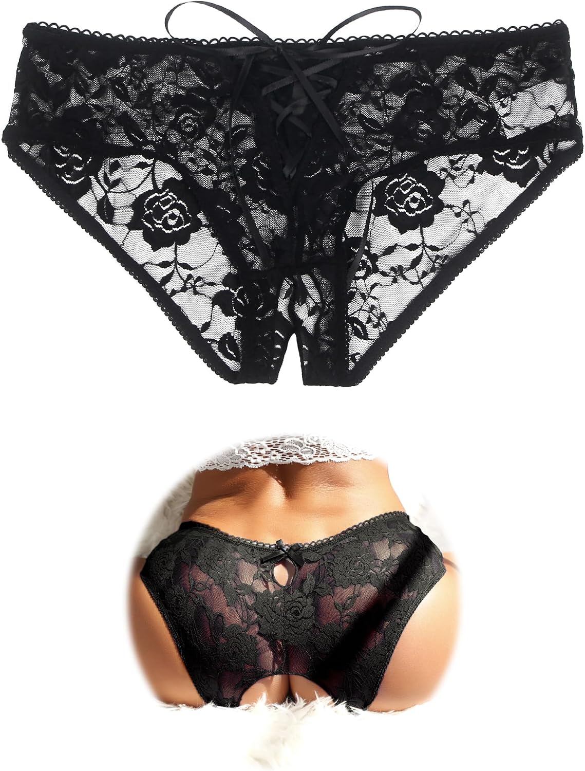 ohmydear Womens Lace Boyshorts Crotchless Sexy Panties Crisscross Strappy Underwear Plus Size Hipster Briefs XS-4XL