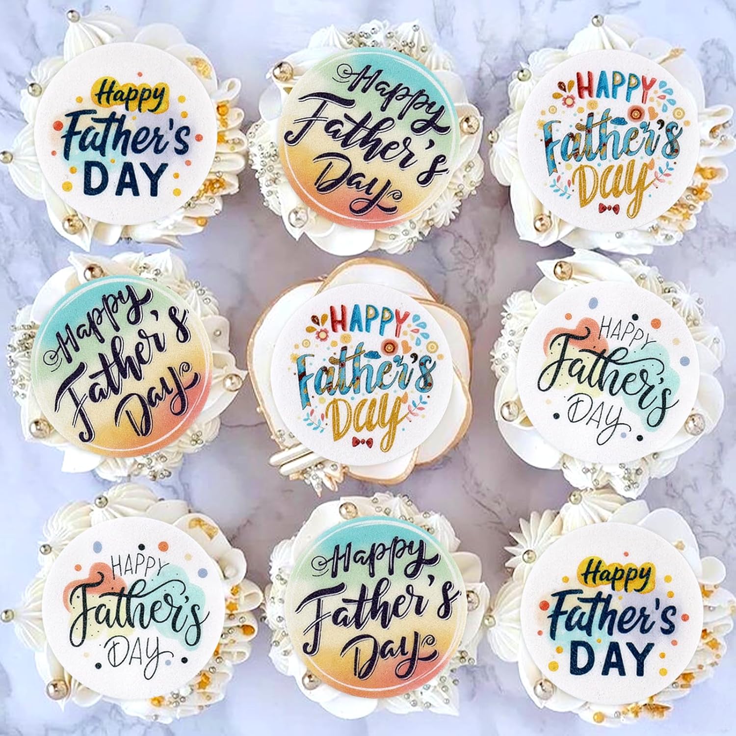 40Pcs Happy Father's Day Edible Cupcake Toppers Circle Father Day Drink Topper for Father's Day Party Decorations Dad Father Birthday Cake Cupcake Decorations Supplies