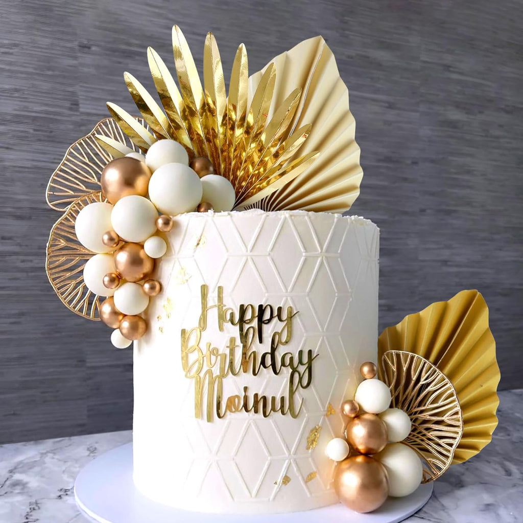 LaVenty Champagne Rose Cake Decoration White Gold Balls Cake Decoration Gold Palm Leaves Cake Decoration Boho Bohemian Cake Topper Boho Party Supplies