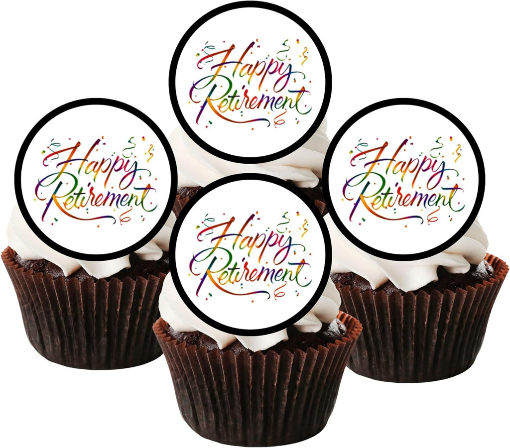 Happy Retirement Edible Cupcake Toppers – Colorful Celebration Designs for Retirement Parties & Milestone Celebrations (PRECUT, Pack of 24-1.5 Inch Discs)