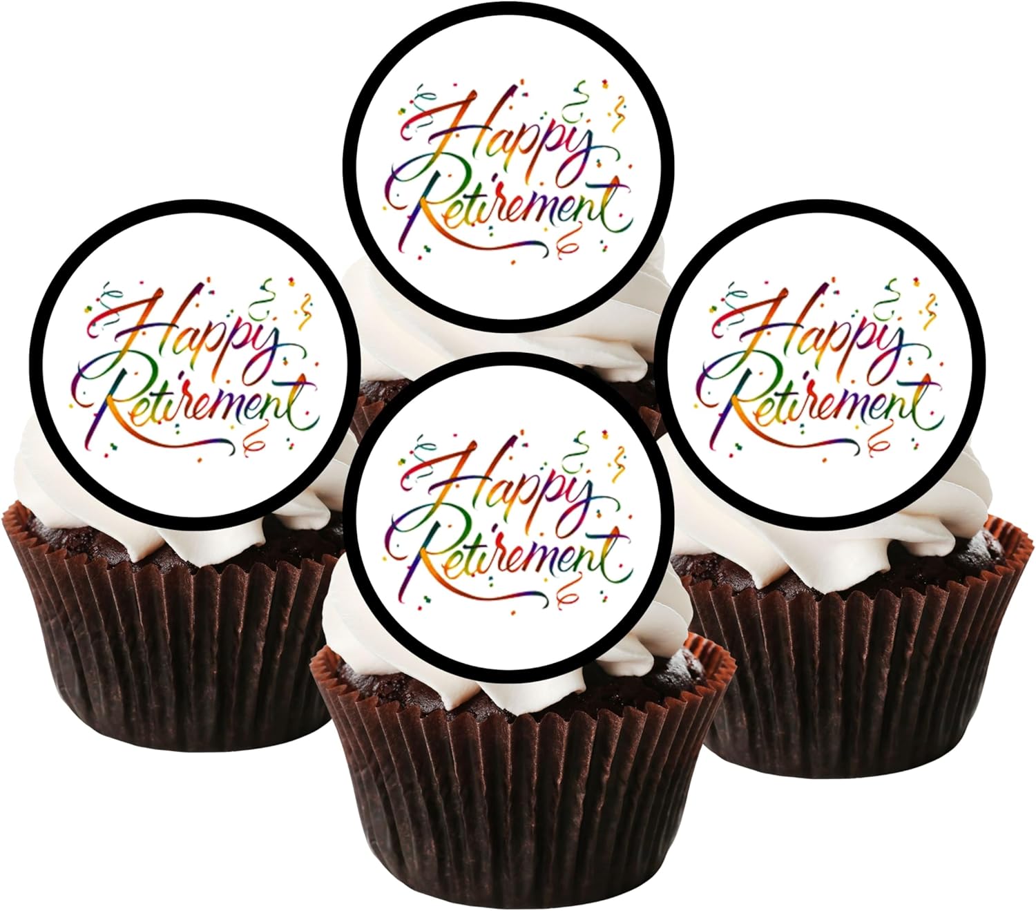 Happy Retirement Edible Cupcake Toppers – Colorful Celebration Designs for Retirement Parties & Milestone Celebrations (PRECUT, Pack of 24-1.5 Inch Discs)