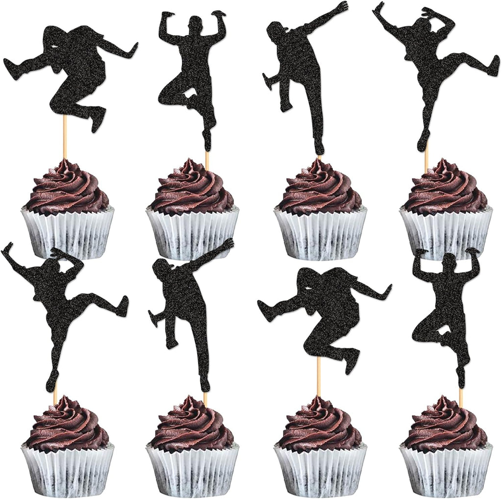 Ercadio 28 Pack Hip-hop Dancers Cupcake Toppers Black Glitter Dancers Cupcake Picks Music Dancer Cake Picks for Music Theme Birthday Party Cake Decorations Supplies