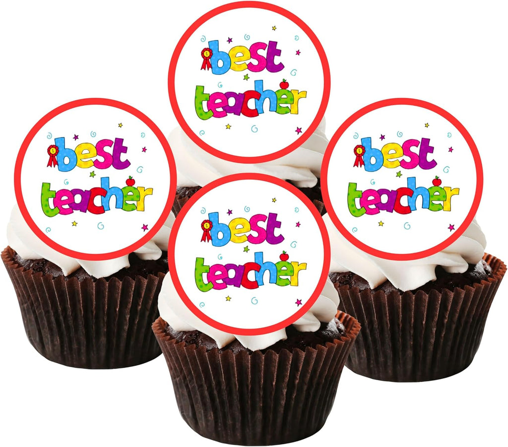 Best Teacher Edible Cupcake Toppers – Colourful Thank You Cake Decorations for Schools & Teacher Appreciation – 24 x 4cm/1.5 Inch Discs (UNCUT)