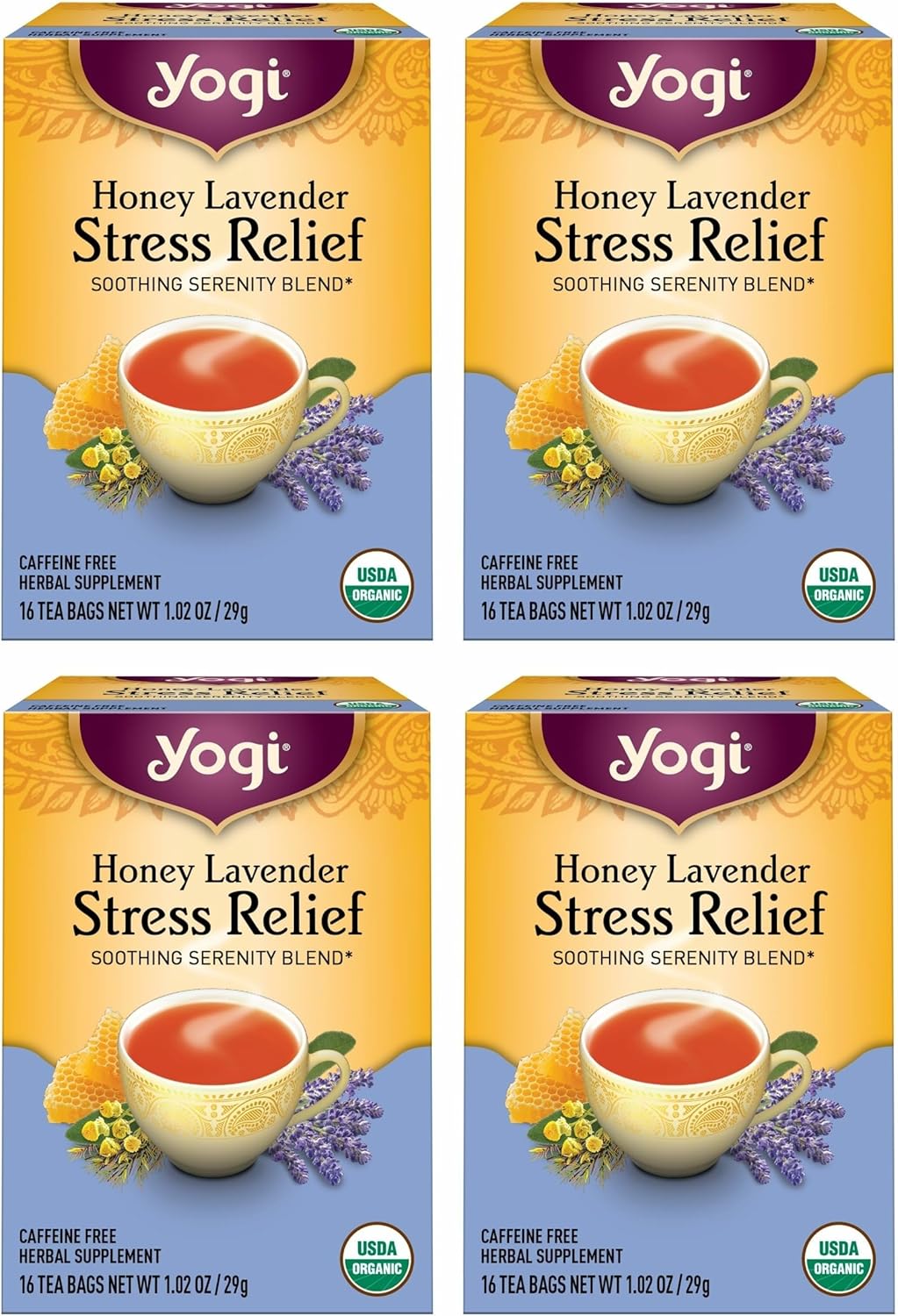 Yogi Tea Honey Lavender Stress Relief - 16 Bags per Pack (4 Packs) - Organic Chamomile Lavender Tea - Includes Lemon Balm, Lemongrass, Spearmint Leaf, Peppermint Leaf, Honey Flavor & More