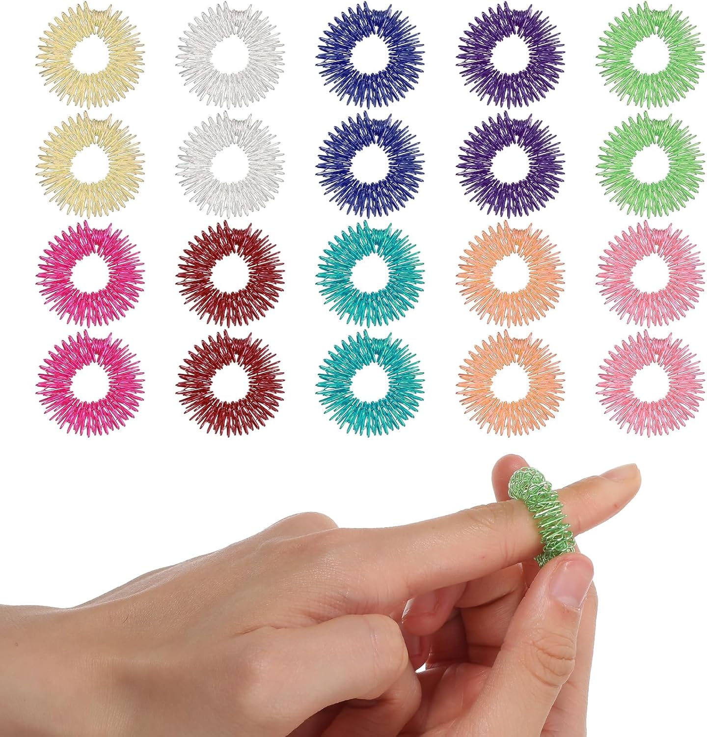 20 Pcs Acupressure Rings, Finger Massager Set Spiky Sensory Rings for Fingers Stress Relief Fidget Sensory Massager for Teens Adults