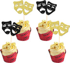 24 PCS Theatrical Mask Cupcake Toppers Glitter Comedy Movie Night Cupcake Picks for Film Festival Theme Birthday Party Cake Decorations Supplies Black Gold