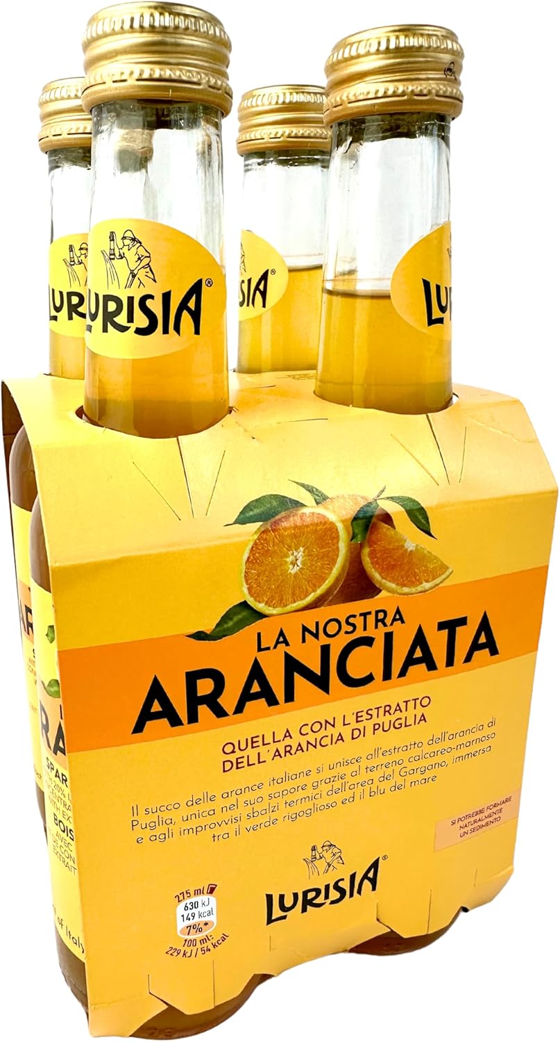 Lurisia Aranciata Italian Orange Soda 4 x 9.3 Fl Oz (275ml) - Aranciata Italian Orangeade - Citrus Orange Soft Drink - Carbonated Sparkling Fruit Juice Beverage from Italy