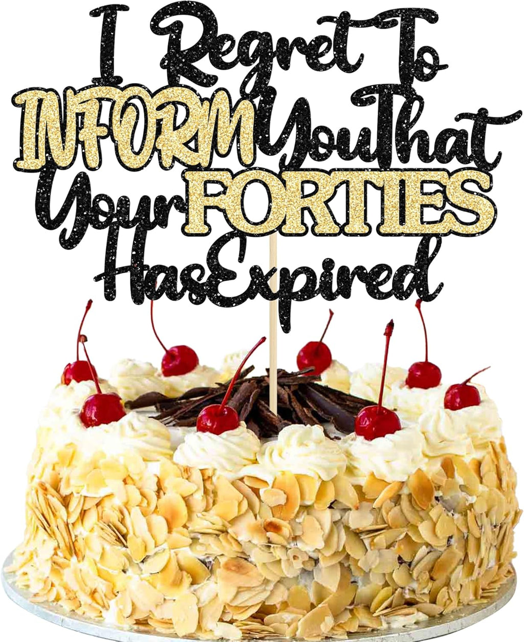 Ephlyn 1Pcs Happy 50th Birthday Cake Topper Black Gold Glitter I Regret to Inform You That Your Forties Has Expired Cake Pick Cheers to 50 Years Cake Decorations for Funny 50th Birthday Party Supplies