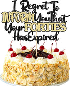Ephlyn 1Pcs Happy 50th Birthday Cake Topper Black Gold Glitter I Regret to Inform You That Your Forties Has Expired Cake Pick Cheers to 50 Years Cake Decorations for Funny 50th Birthday Party Supplies