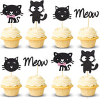 24Pcs Cat Cupcake Toppers Kitten & Meow Cupcake Food Picks - Cat Lover Kitten Theme Baby Shower Kids Birthday Wedding Party Cake Decorations Supplies - Black Glitter