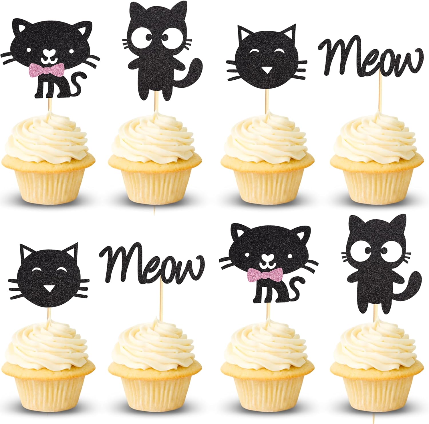 24Pcs Cat Cupcake Toppers Kitten & Meow Cupcake Food Picks - Cat Lover Kitten Theme Baby Shower Kids Birthday Wedding Party Cake Decorations Supplies - Black Glitter