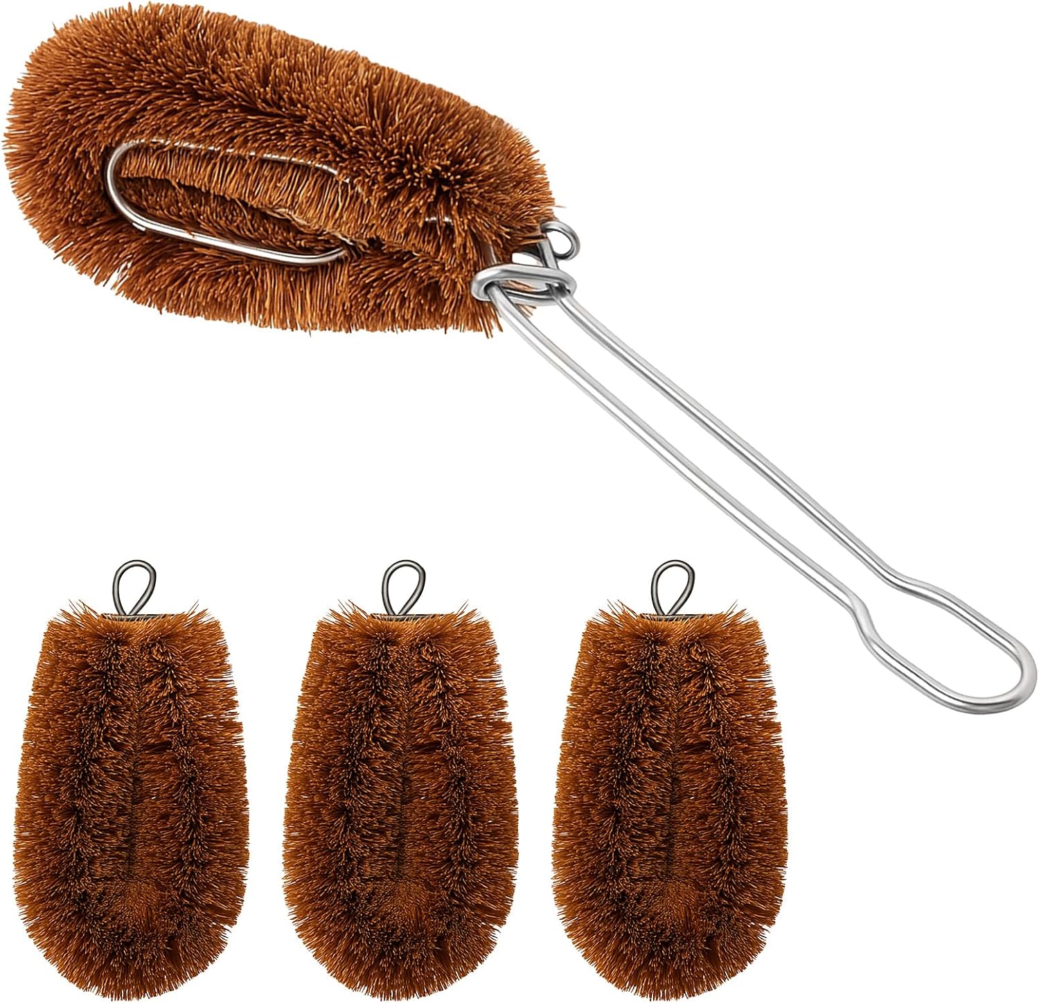 Sawysine Tawashi 100% Natural Coconut Coir Fiber Brush with Handle, 4 Vegetable Scrub Brush Heads Ideal for Fruit Veggie Scrub Wash, Kitchen Cleaning Needs, Pan Pot Glassware Cookware, Japanese Design