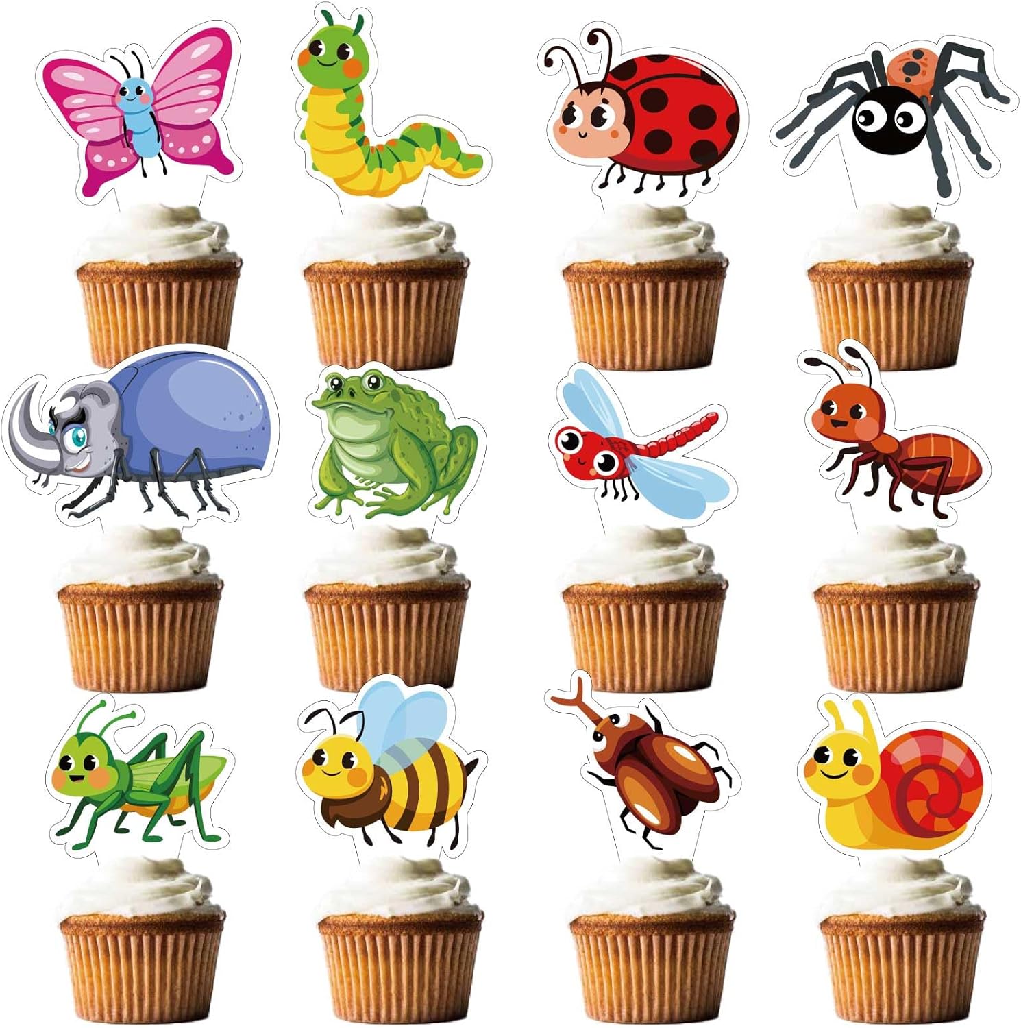 24Pcs Insects Cupcake Toppers - Cute Bee/Bugs/Snails/Ladybug Design | Summer Spring Party Decor | Ideal for Kids Birthday Party Favors & Table Accents