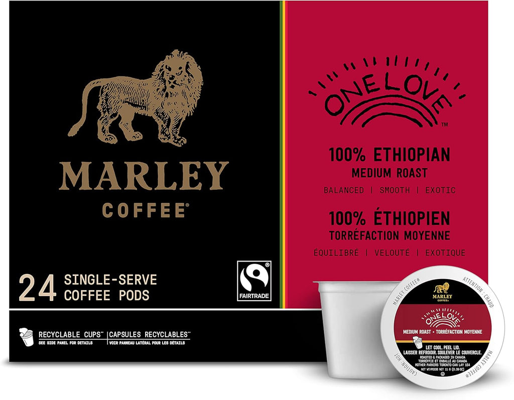 Marley Coffee One Love, 100% Ethiopian, Medium Roast Coffee, Keurig K-Cup Brewer Compatible Pods, 24 Count
