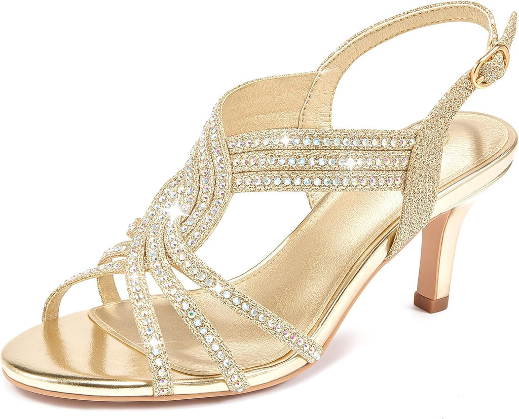 Women Rhinestone Heels Sparkly Dress Shoes High Kitten Heel 3.35 Inch Open Toe Ankle Strap Womens Sandals Wedding