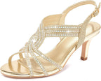 Women Rhinestone Heels Sparkly Dress Shoes High Kitten Heel 3.35 Inch Open Toe Ankle Strap Womens Sandals Wedding